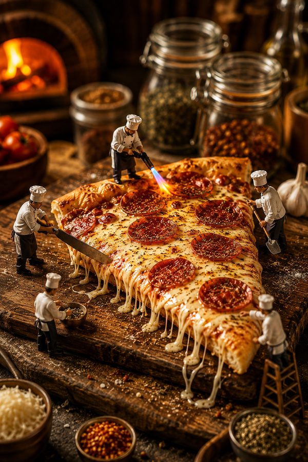 Personajes de IA preparando pizza